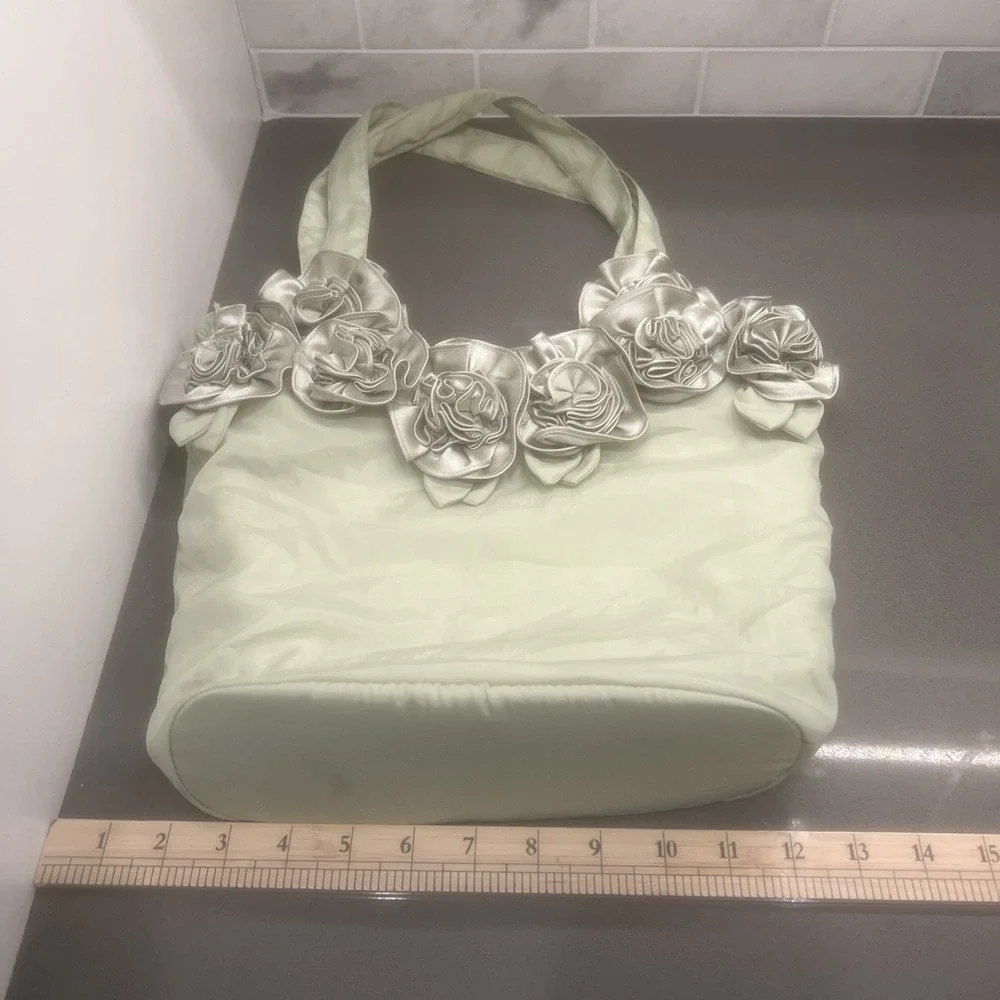 Women's Shoulder Bags Green Shiny Textile Floral Embellishment Ruffles New